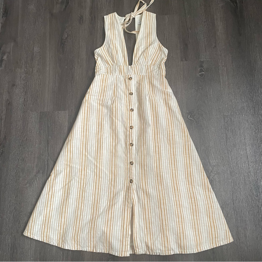 Urban Outfitters Millie Stripe Plunging Cream and Tan Backless Dress - Picture 2 of 13